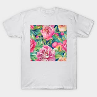 Pink watercolor peonies on navy blue T-Shirt